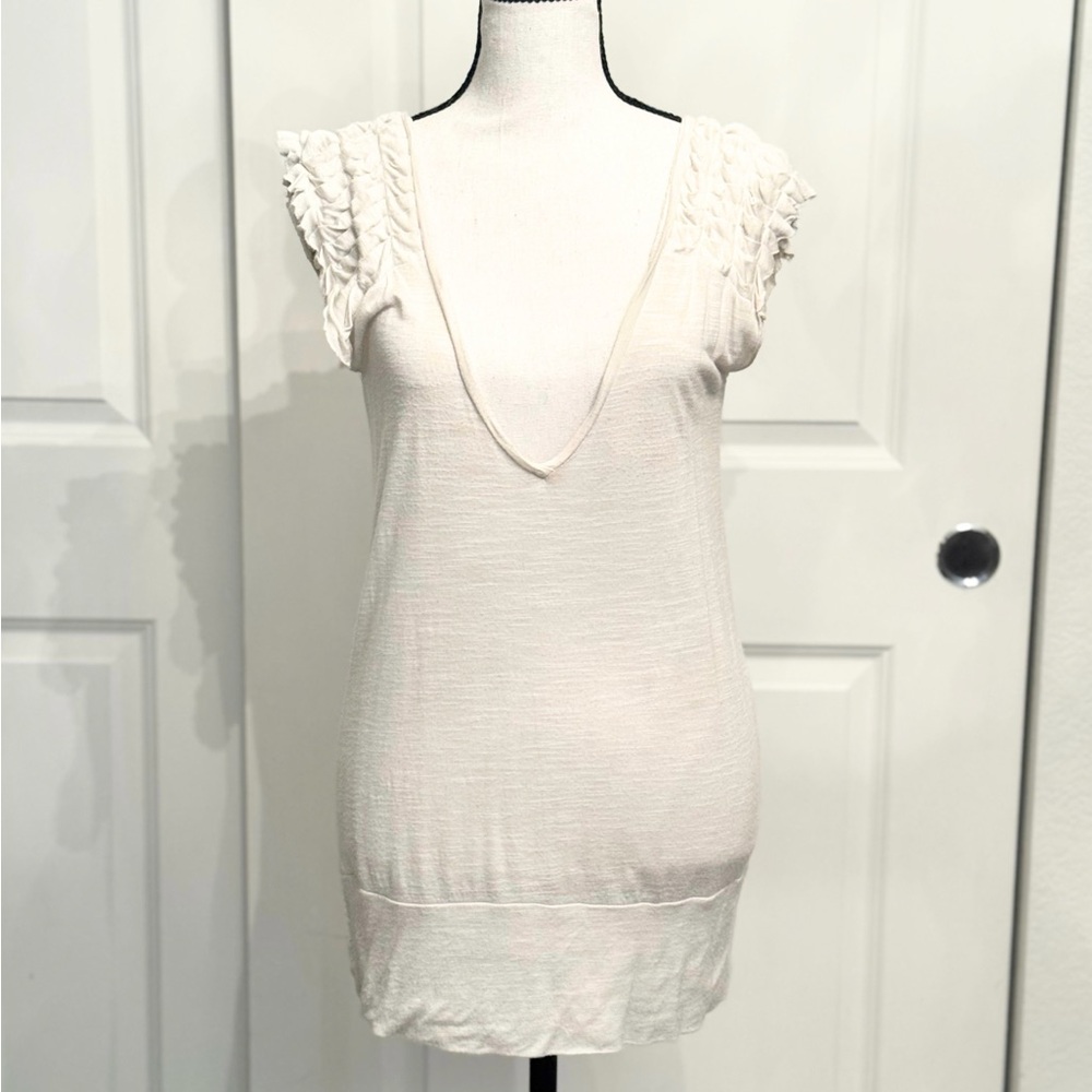 Long Cream Ivory Deep V-Neck Short Sleeve Y2K Blouse Top by Lux, Size XS